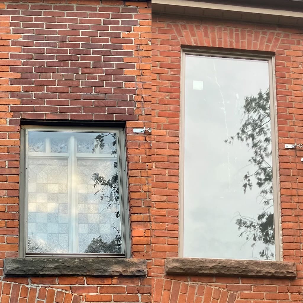 Before and after photo showing a masonry repair