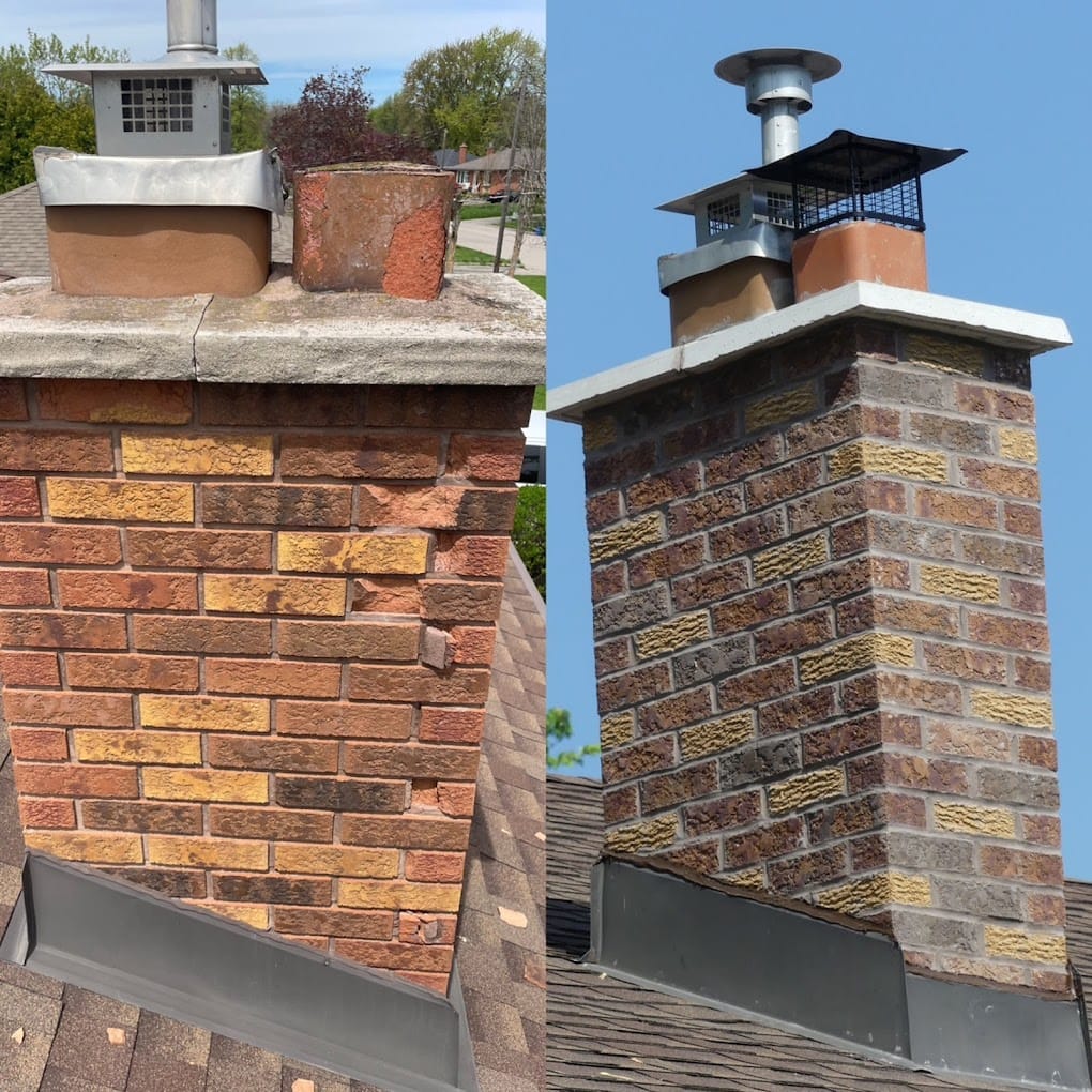 A Photo of a chimney before and after rebuild