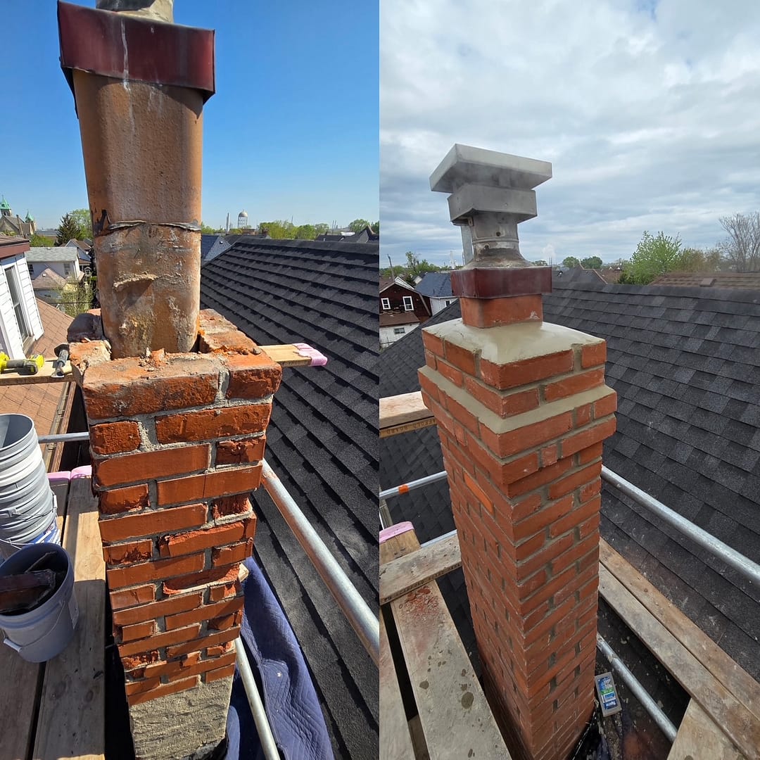 A photo of a chimney before and after rebuild