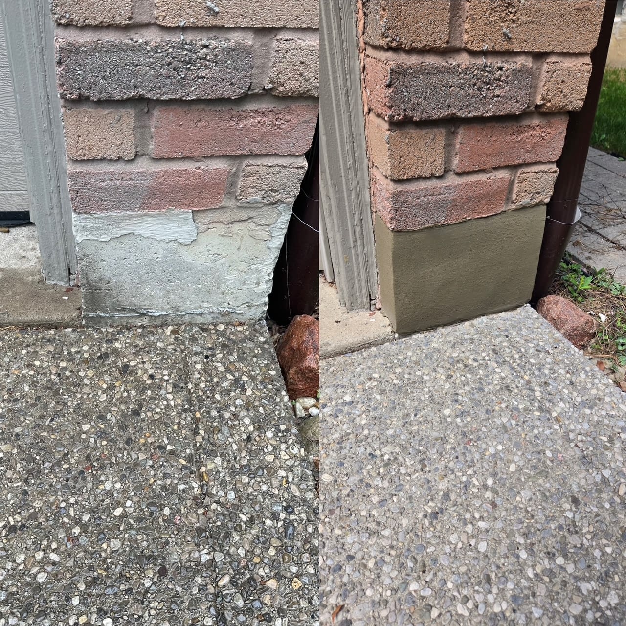 A brick and concrete wall that has been repaired with parging